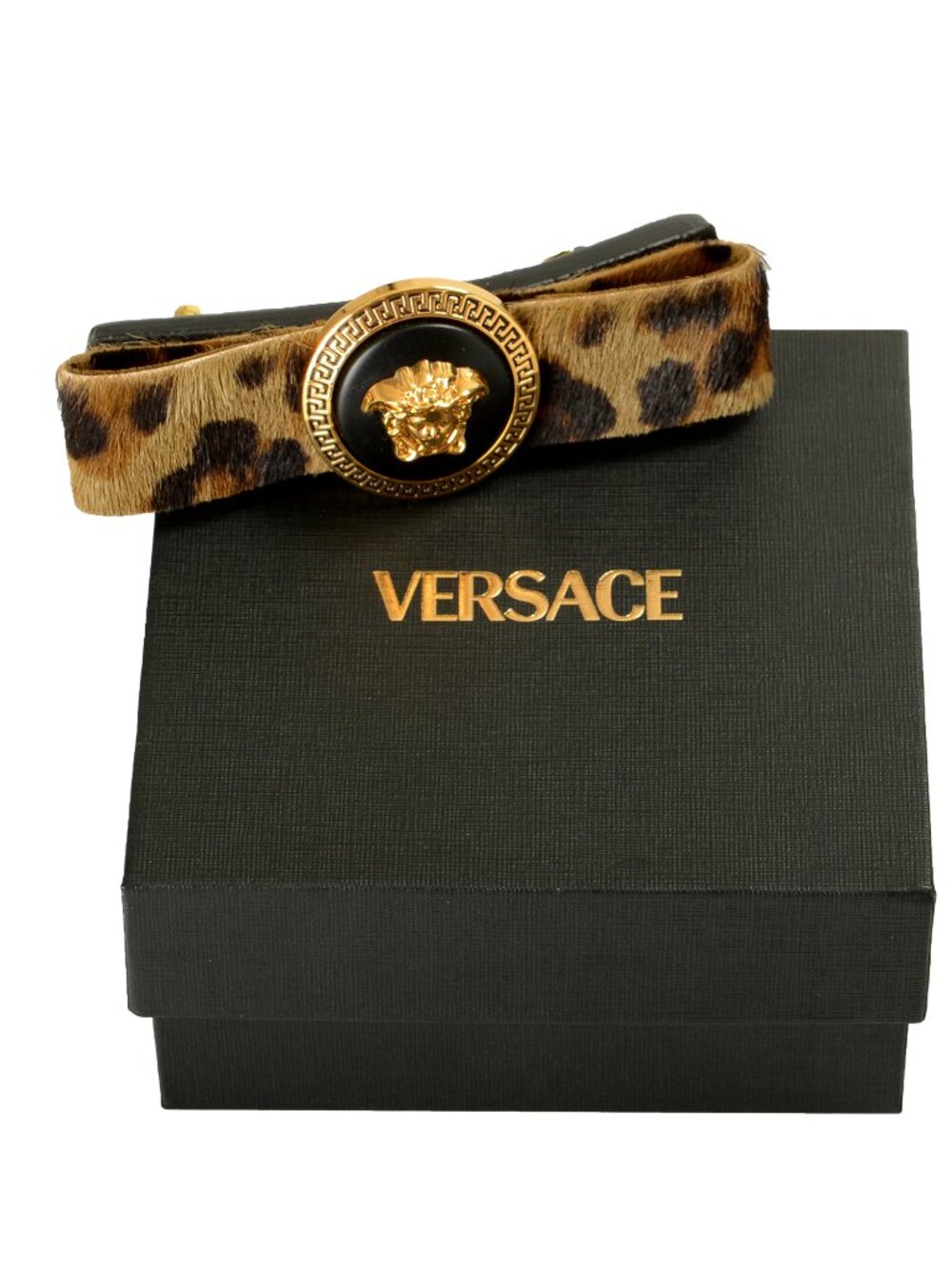 Versace Pony Hair Gold Medusa Leo Print Ribbon Barrette Clip